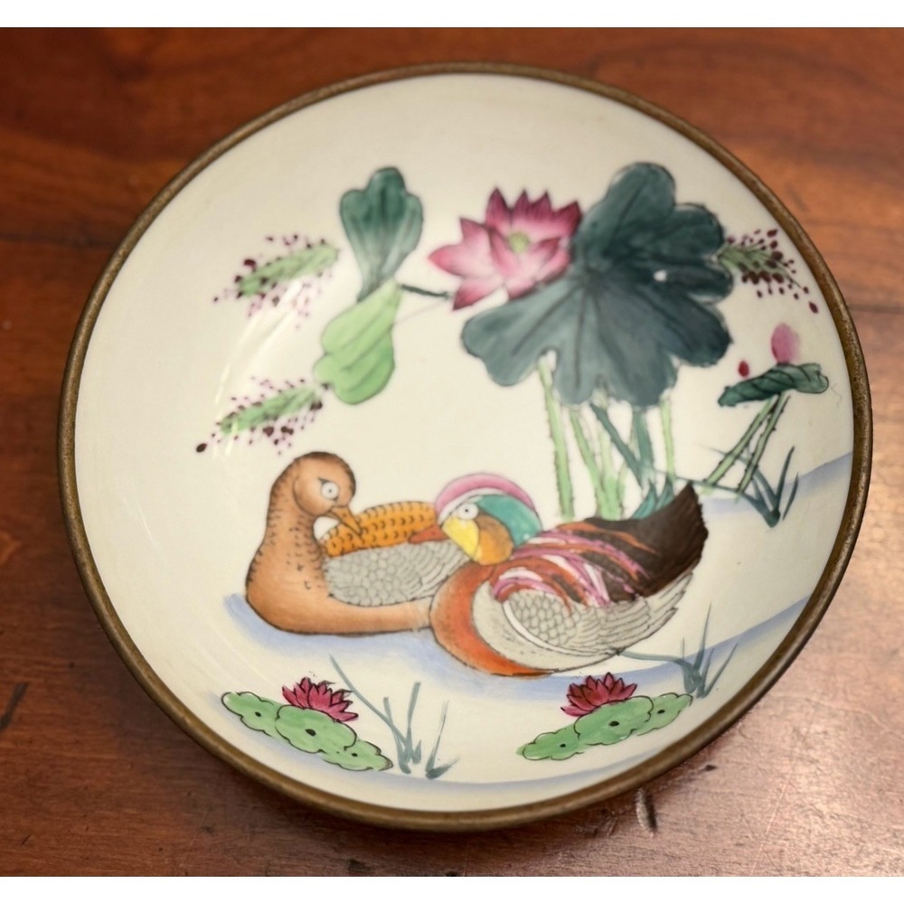 Vintage Chinese Famille Rose Porcelain Bowl Solid Brass Encased Hand Painted
